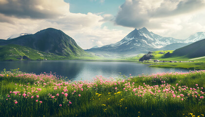Serene Mountain Lake With Blooming Wildflowers