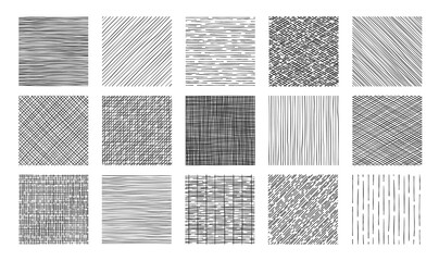 Line crosshatch patterns and textures set. Vector hand drawn pen, pencil or ink cross hatch sketches with stripes, scratches and strokes. Woven canvas and lattice texture hatches and crosshatches