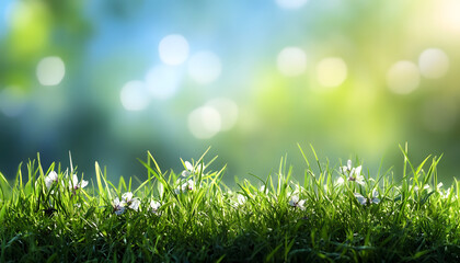 Delicate white flowers bloom amidst vibrant green grass