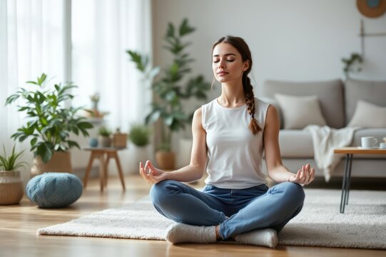 Low section of caucasian young woman meditating while sitting on floor in modern living room. copy space - Powered by Adobe