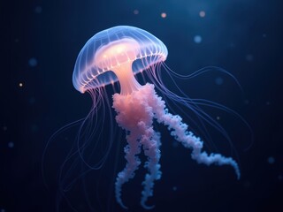 Majestic jellyfish gliding through dark ocean waters with glowing tentacles illuminated by soft light in an underwater setting