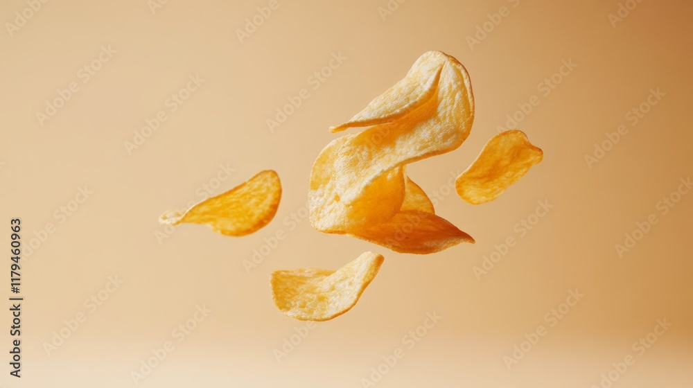 Poster Several golden potato chips are levitating against a warm, inviting backdrop, creating a visually appealing scene that suggests snacking and indulgence