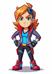Gaming style vector illustration of female character, isolated standing pose, modern trendy design, action-filled girl character in dynamic pose
