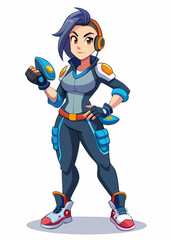 Gaming style vector illustration of female character, isolated standing pose, modern trendy design, action-filled girl character in dynamic pose