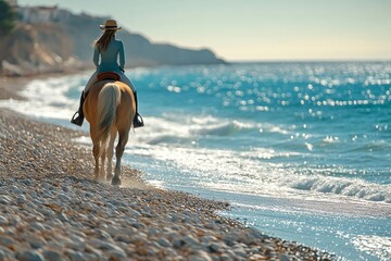 Horsewoman riding palomino horse along the beach at sunset