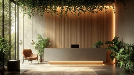 Modern lobby reception area, plants, sunlight