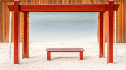 Red wooden gazebo on beach, tranquil view, relaxing atmosphere, suitable for vacation photos.