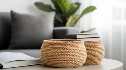 upcycled fabric storage, woven from old fabric, storage baskets sit near a sunlit office couch filled with books and journals in a cozy setting
