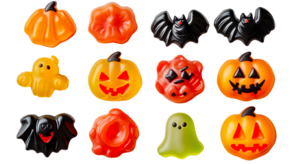 Colorful Assorted Halloween-Themed Gummy Candies in Various Pumpkin, Ghost, and Monster Shapes on Transparent Background