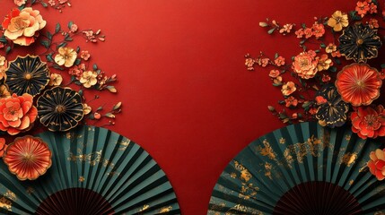 Red background with paper flowers, fans.