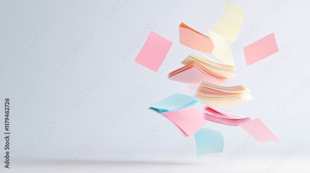 Poster Levitating pastel colored sticky notes of various sizes against a minimalist light gray background create a dynamic and playful composition of organization and ideas
