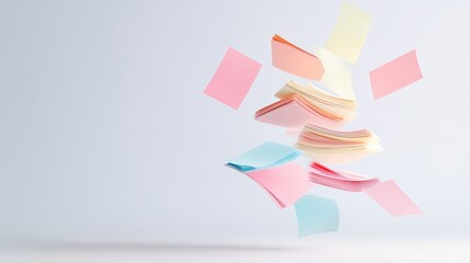 Levitating pastel colored sticky notes of various sizes against a minimalist light gray background create a dynamic and playful composition of organization and ideas