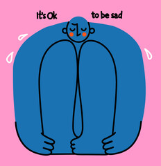 Mental health, psychology concept. Self love, mind care, help, acceptance. It's Ok to be sad. Cute disproportionate isolated character inscribed in a square, vector illustration