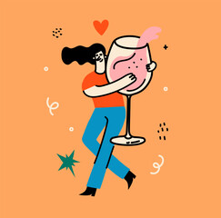 Vector doodle illustration of a young woman with a glass of red wine in a romantic setting celebrates Valentine's Day alone and in harmony with herself.