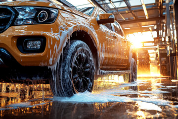 Golden Pickup Truck Undergoing Detailed Wash at Sunset