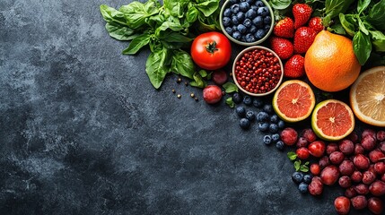 Fresh fruits, berries, herbs, and spices arranged on a dark background.