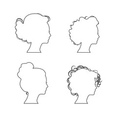 Young women face side view icon outline silhouettes set. Elegant silhouettes of a female head. Avatar profile sign