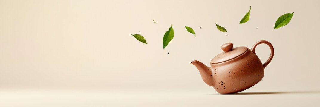 Brown ceramic teapot floating in the air with green tea leaves against a beige background, creating a surreal and minimalist scene related to tea time and infusion preparation