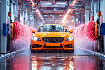 Silver Car in Automated Wash Tunnel with Soap and Brushes