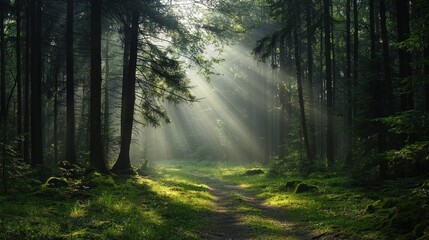 Obraz premium Sunbeams Illuminating a Mystical Forest Path
