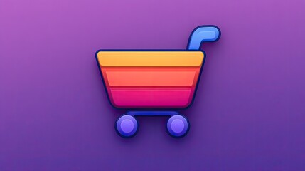 Colorful shopping cart icon on purple background.
