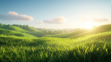 A serene landscape featuring rolling green hills and soft sunlight.