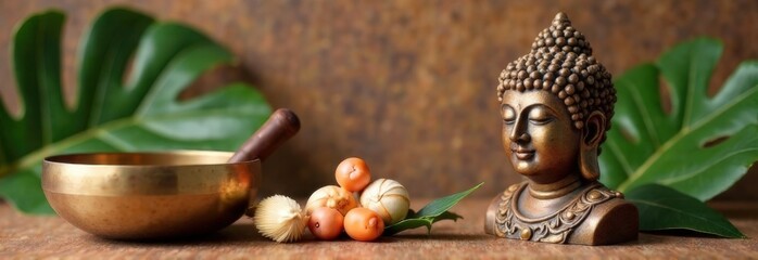 tranquil still life featuring Buddha head sculpture, golden singing bowl with mallet, tropical leaves, complemented natural elements like small fruits flowers, creating peaceful meditative atmosphere