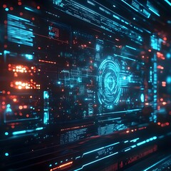 Obraz premium A futuristic holographic interface with floating digital elements and data streams. 