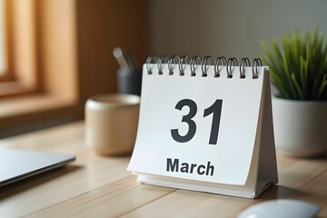 A calendar page flipping to March 31, set in a cozy desk scene.