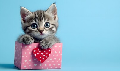 Cute tabby kitten in pink gift box with heart.