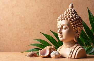 A serene Buddha head sculpture in natural beige tones, adorned with intricate details, accompanied by seashells and green leaves, set against a warm neutral background for a calming ambiance