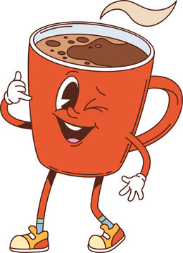 Naklejki Cartoon groovy hot coffee drink mug character. Cafe hot chocolate or cacao cartoon isolated vector funny personage. Breakfast coffee drink ceramic cup winking groovy character showing call me sign