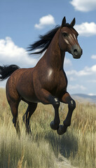 Fototapeta premium Majestic brown horse galloping through a field, windswept mane, sunny day.