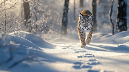 A lynx stalking through a frost-covered forest, its paw prints leaving delicate patterns in the fresh powder.