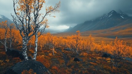 Fototapeta premium A serene landscape showcasing vibrant autumn foliage against a dramatic mountainous backdrop.
