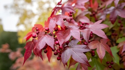 Red Parthenocissus tricuspidata Virginia creeper with berries in autumn's morning.