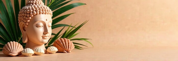 A peaceful Buddha head sculpture surrounded by natural seashells and green foliage, set on a warm beige background, creating a calming and harmonious atmosphere