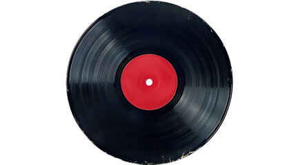 A classic vinyl record with a bright red label, showcasing its vintage charm and intricate grooves against a plain background on transparent background