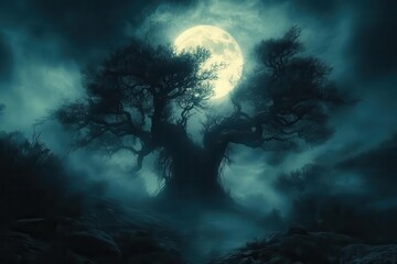 dark fantasy forest landscape at night with twisted trees full moon and mysterious fog creating spooky atmospheric panoramic scene