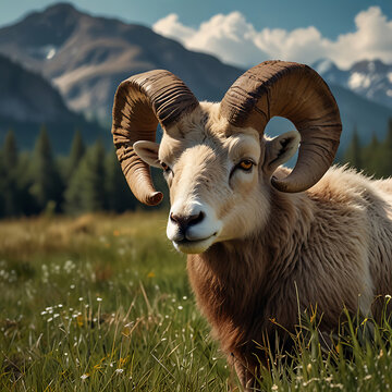 Mountain ram with long horns in the grass field