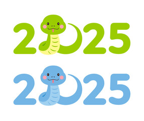 Obraz premium 2025 New Year typography design with cute snake character. 2025 is called the ‘year of the snake’ in Asia and Korea.