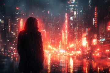 cyberpunk-inspired digital rain effect with vertical light streaks and glitch artifacts creating moody technological atmosphere