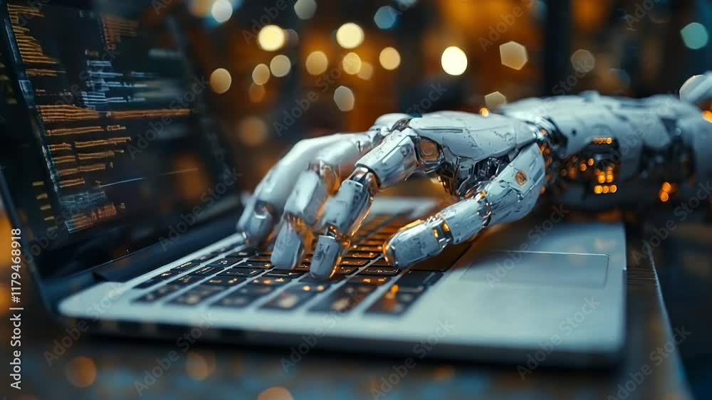 Fototapete A robotic hand engages with a laptop keyboard, actively typing code, while warm ambient lights create a futuristic atmosphere in a tech workspace.