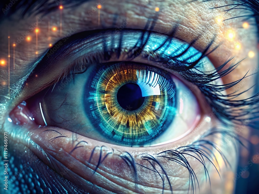 Poster digital eye: programming code overlays on pupil and iris - high depth of field stock photo