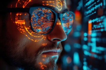 cybersecurity specialist using advanced digital interface to protect sensitive data with holographic firewall and neural network defense system
