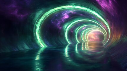 Obraz premium A futuristic tunnel of glowing rings in green and purple with a vanishing point.