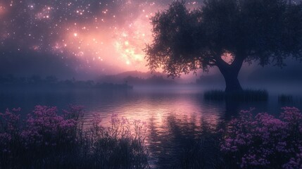 Fototapeta premium Tree at lake shore, night sky. Foggy, star filled background. Use for calming mood