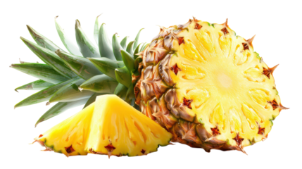 Freshly cut pineapple showcasing vibrant yellow fruit with green crown, perfect for summer snacks and tropical dishes on transparent background