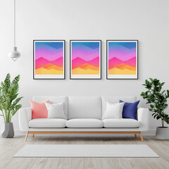 Modern living room with colorful gradient posters and white sofa