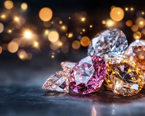 Fototapeta premium Sparkling Collection of Colorful Gemstones and Diamonds with Bokeh Lights